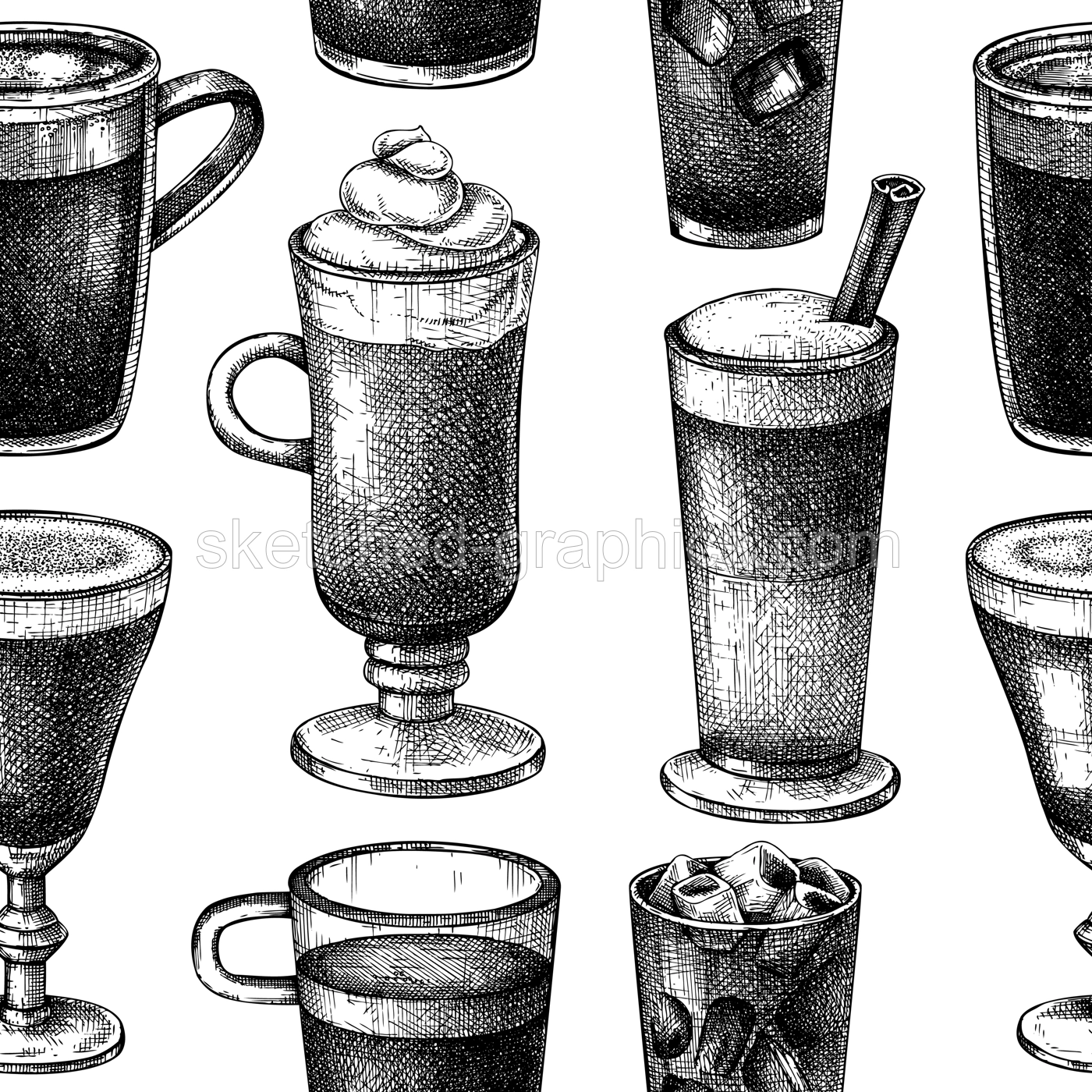 Hand-sketched coffee seamless pattern. Vector sketches of mugs with aromatic caffeine drinks background. Cappuccino, latte, americano, espresso in vintage style. Vector beverages backdrop Illustration